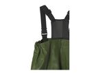 Close-up of green waterproof overalls with black adjustable straps and buckles.