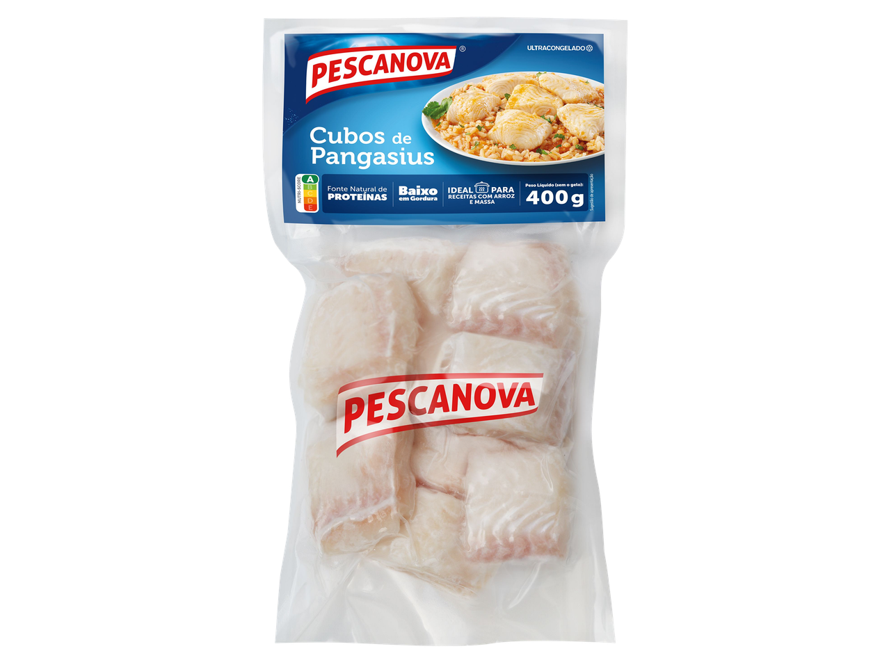 Embalagem de cubos de panga ultracongelados, fonte natural de proteínas, baixo teor de gordura, 400g.