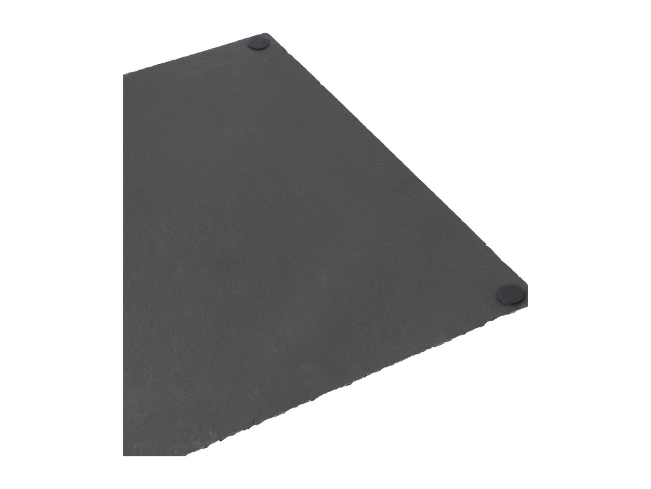 Rectangular slate serving board with small rubber feet on a white background.