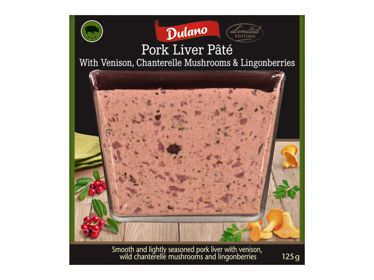 Dulano cūku aknu pastete ar briežu gaļu, kantarelēm un brūklenēm.