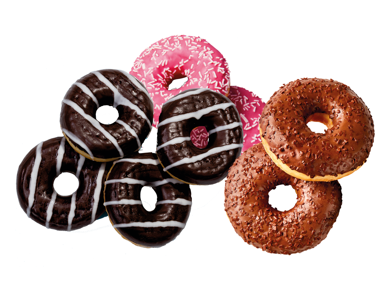 En hög med olika munkar, inklusive choklad- och rosa glaserade.
