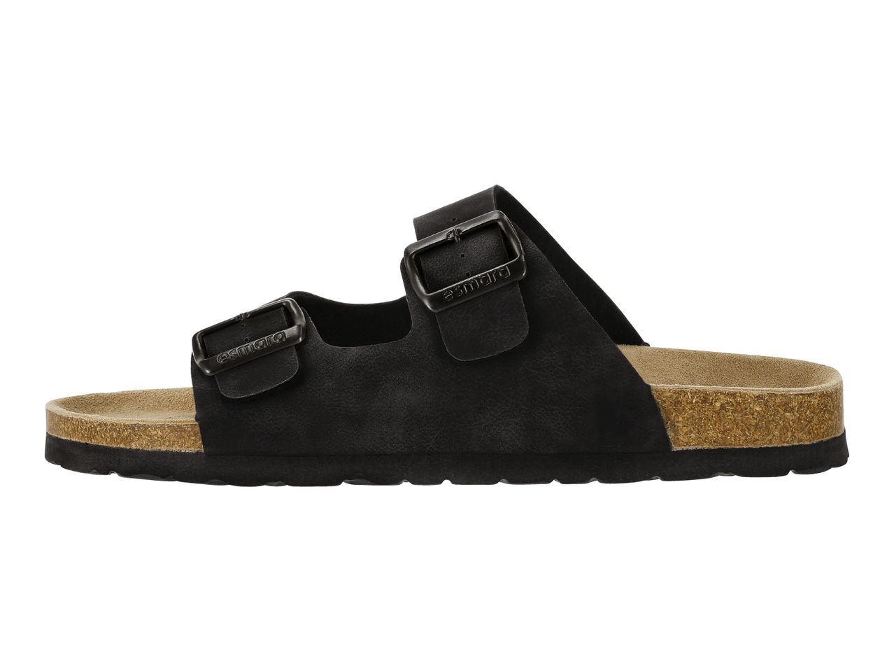 Black double-buckle sandals with a cork-look sole.