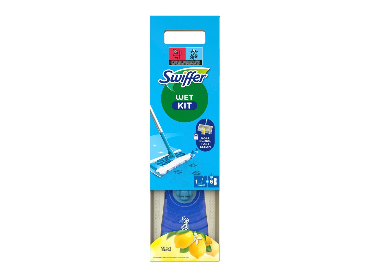 Swiffer Wet Kit με άρωμα Citrus Fresh, που περιλαμβάνει σφουγγαρίστρα και 6 ανταλλακτικά.