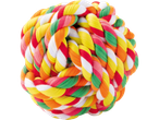 Színes, fonott kutyajáték labda, piros, narancs, sárga, zöld és fehér színekben.