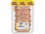 Filets de poulet XXL dans une barquette en plastique transparent, avec une étiquette jaune indiquant l'origine belge et un Nutri-Score.