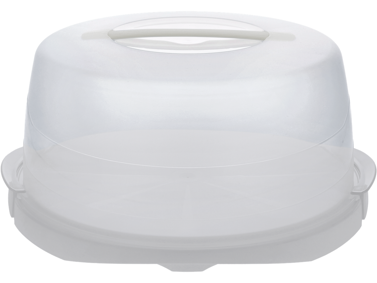 Бяла пластмасова кутия за торта с прозрачен куполен капак и дръжка.