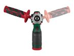 Cordless angle drill with two handles, one red and one faded red, on a white background.