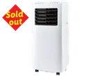 White portable air conditioner with a red 'Sold out' sign.