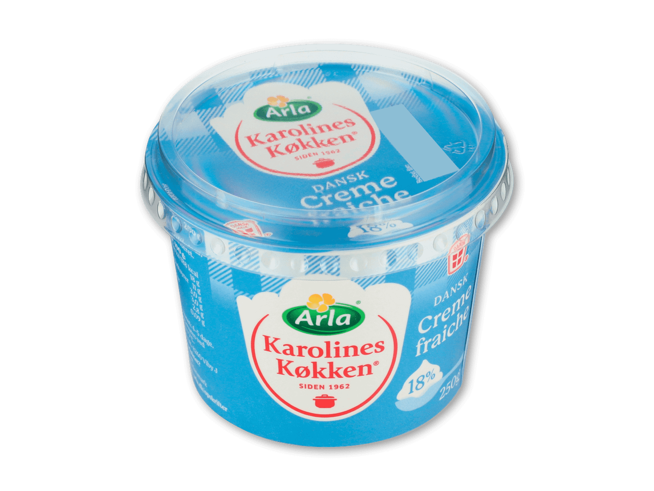 En beholder med creme fraiche med 18% fedt.