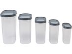A set of five translucent plastic Food Storage Containers with gray lids.