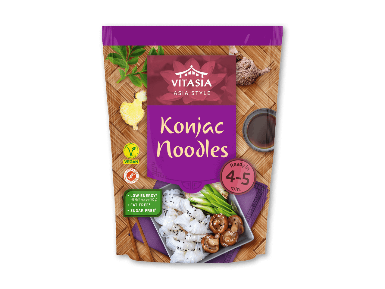 Veganske, glutenfri konjacnudler med lavt energi-, fedt- og sukkerindhold, klar på 4-5 minutter.