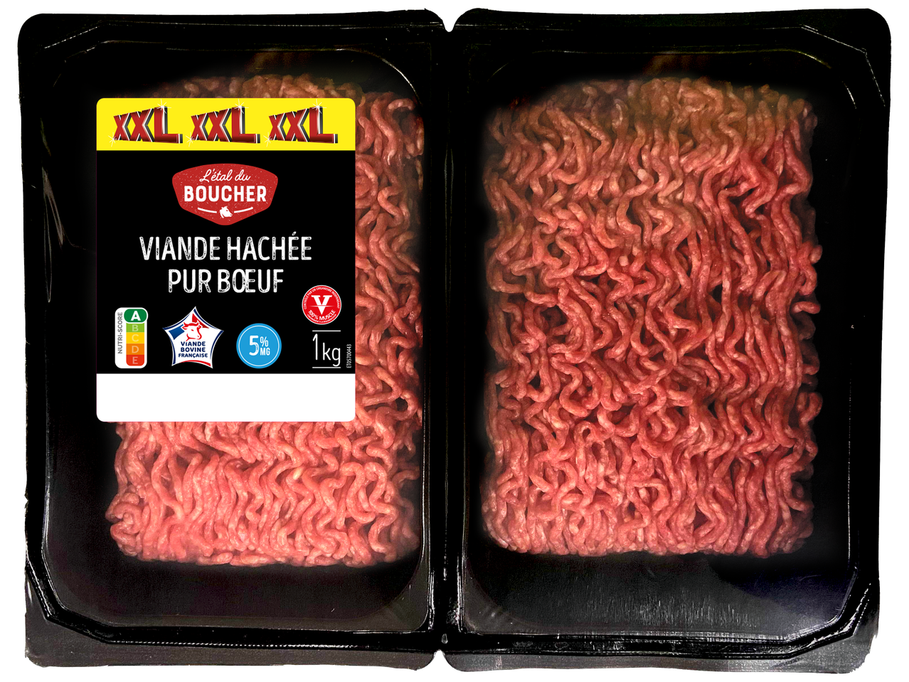 Deux barquettes de viande hachée pur bœuf de 1 kg, avec Nutri-Score A et 5% de matière grasse.