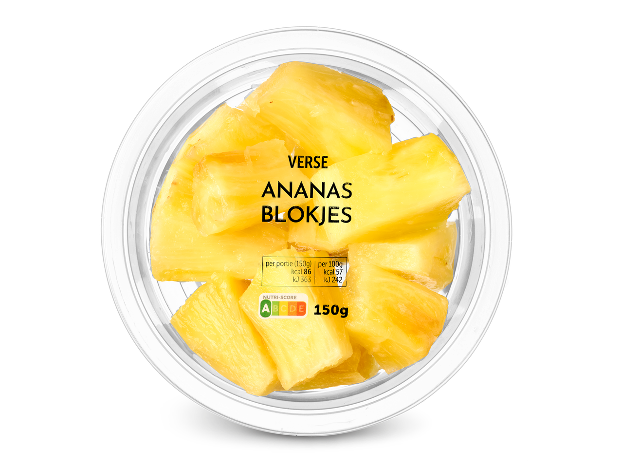 Verse ananasblokjes in een doorzichtige verpakking met voedingsinformatie en Nutri-Score.