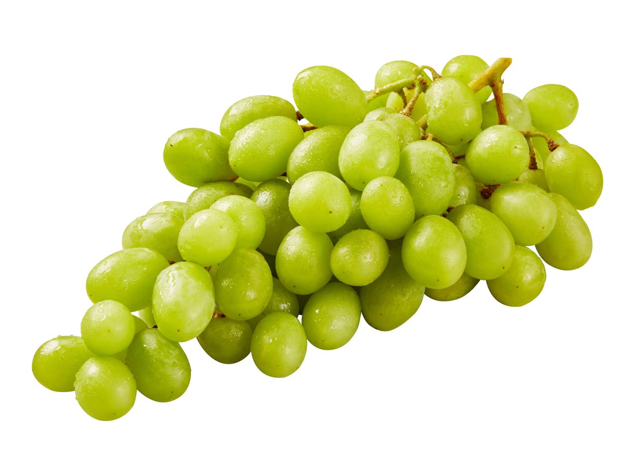 Fresh green grapes with water droplets on a white background.