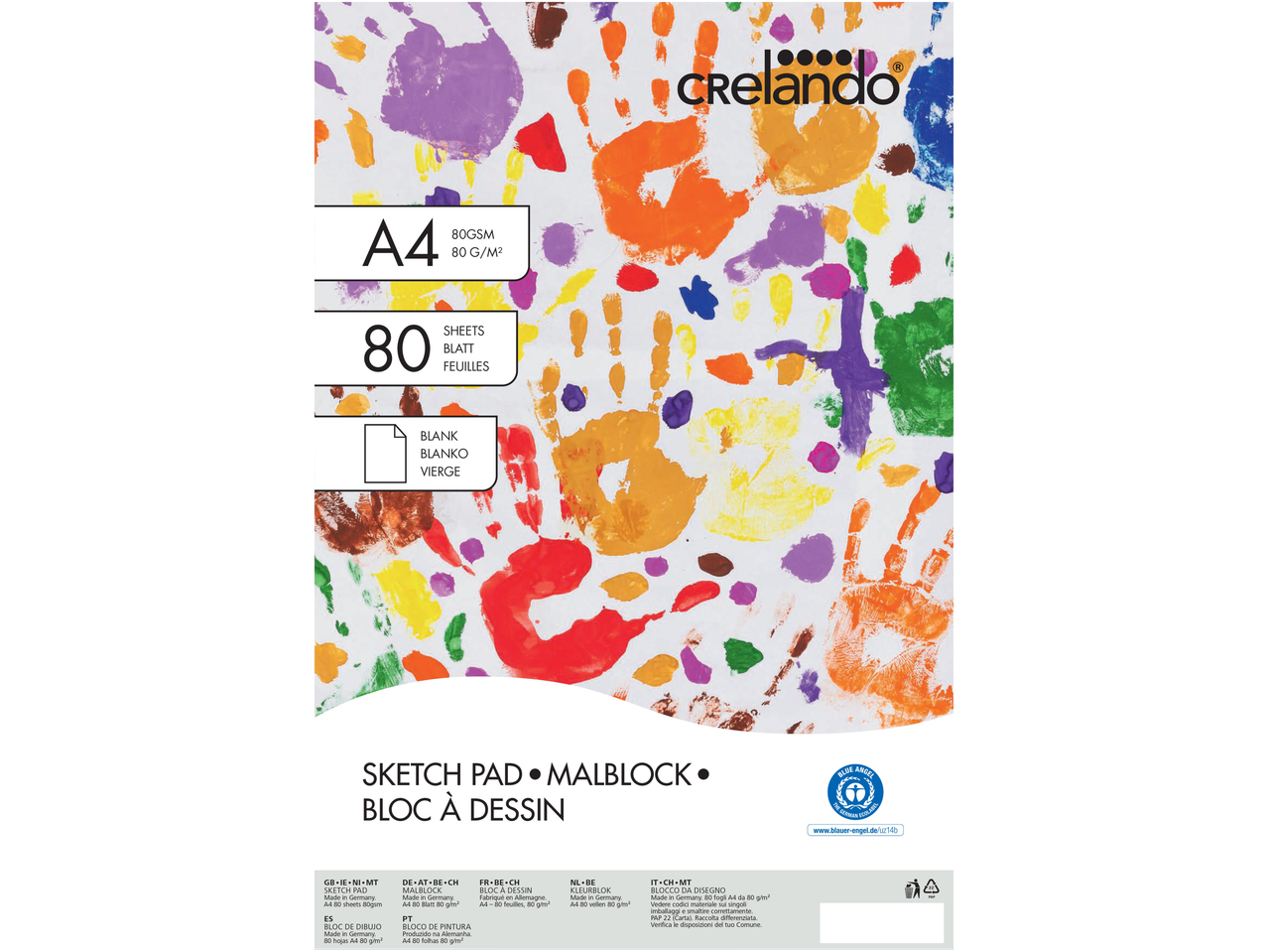 A4 sketch pad with 80 blank sheets, 80gsm, featuring colorful handprints.