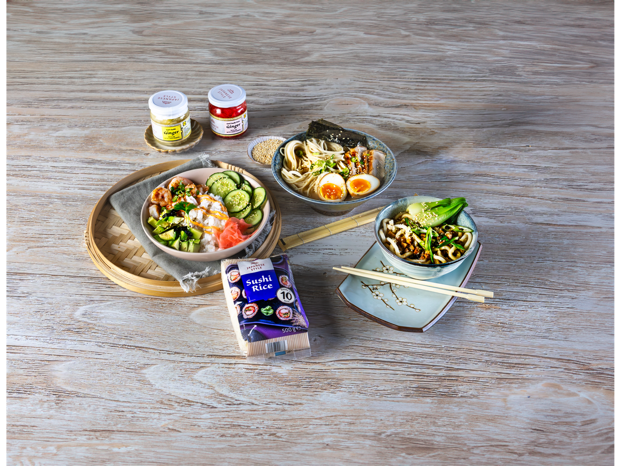 Ramen, poke bowls, and udon: Japanese dishes with sushi rice.