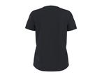 Back view of a plain black short-sleeved t-shirt with a rounded hem.