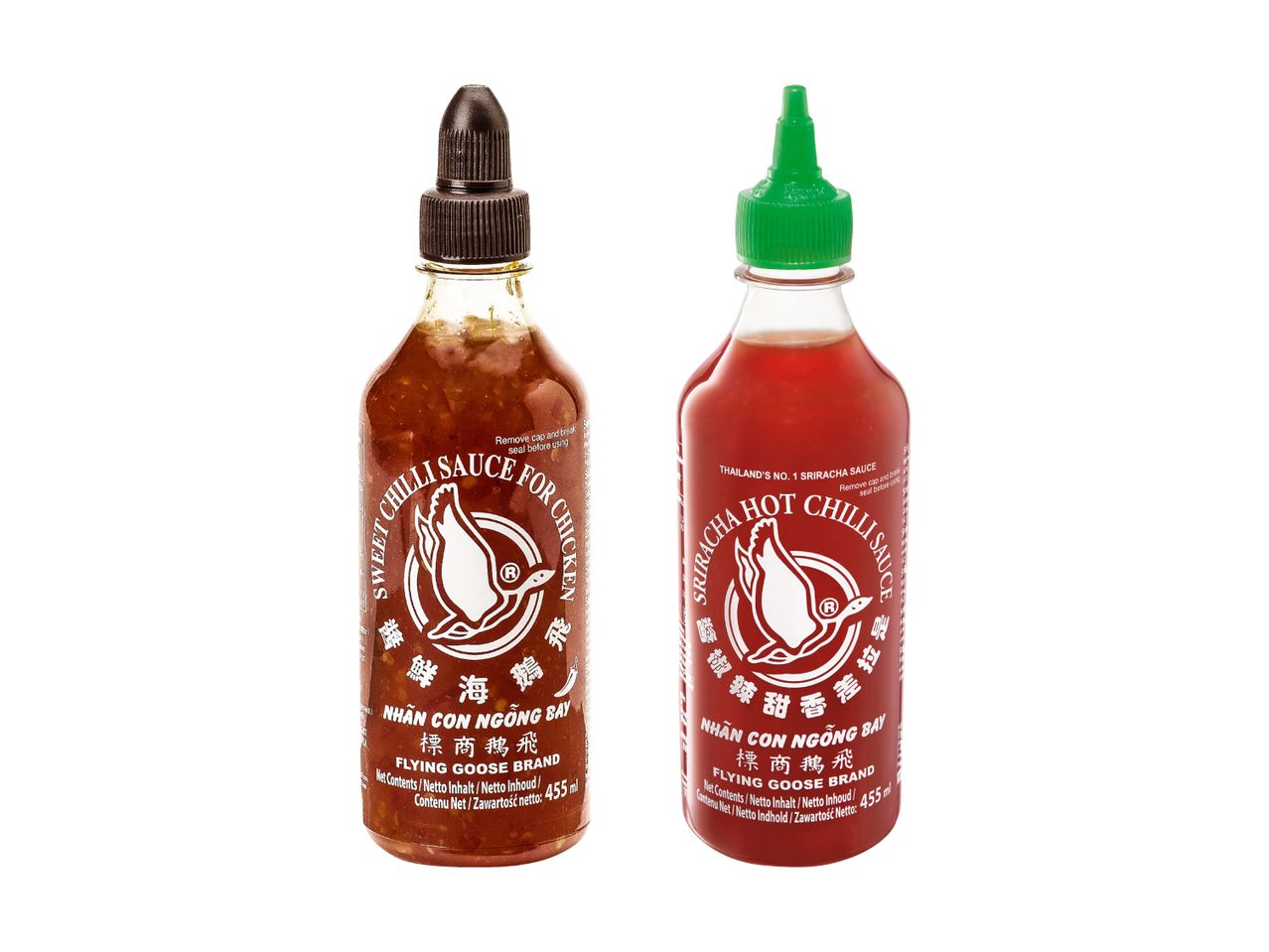 Zwei Flaschen Flying Goose Sauce: Süße Chili-Sauce für Hühnchen und Sriracha-Hot-Chili-Sauce.