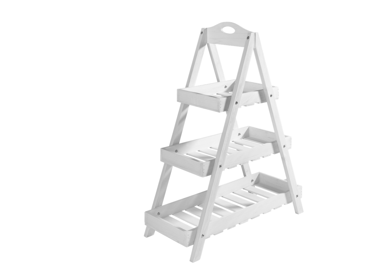 Prateleira de escada de madeira branca com três níveis.