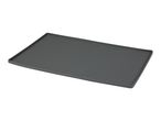 A dark grey rectangular silicone pet feeding mat with a textured surface.