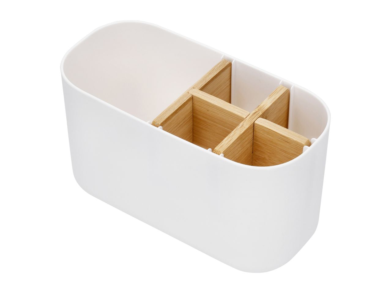White plastic organizer with bamboo dividers for cutlery or office supplies.
