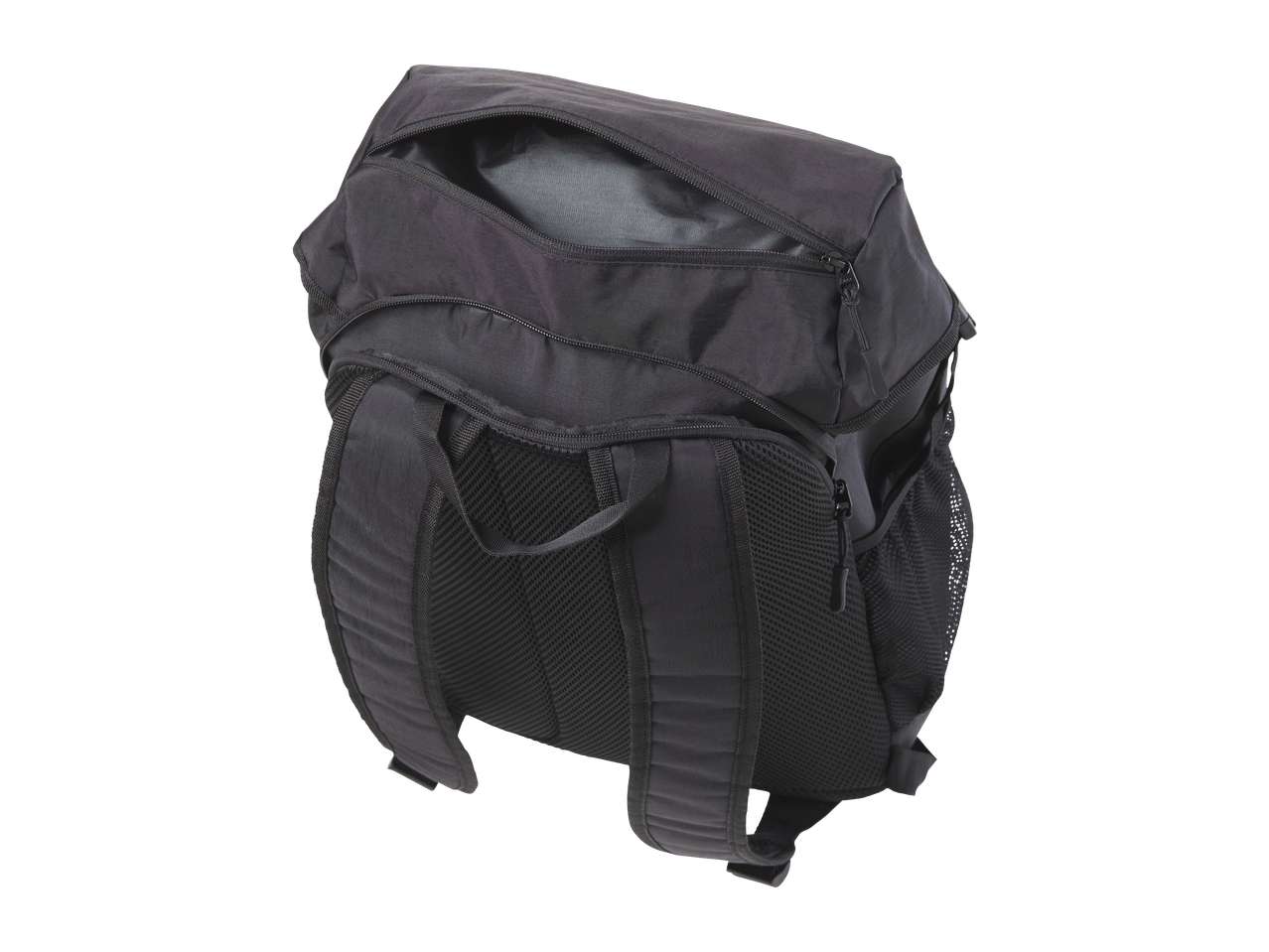 Mochila desportiva CRIVIT preta com compartimentos com fecho e costas acolchoadas.