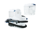 White carpet cleaner with a hose and brush attachment, and a separate clear water tank.