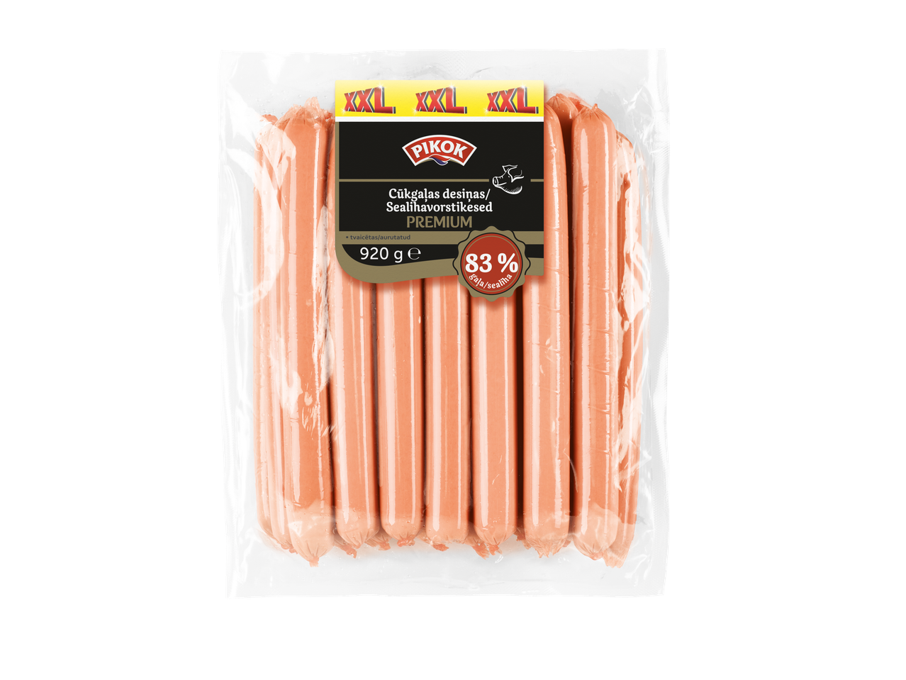 PIKOK Premium XXL cūkgaļas desiņas (920g), 83% gaļas.