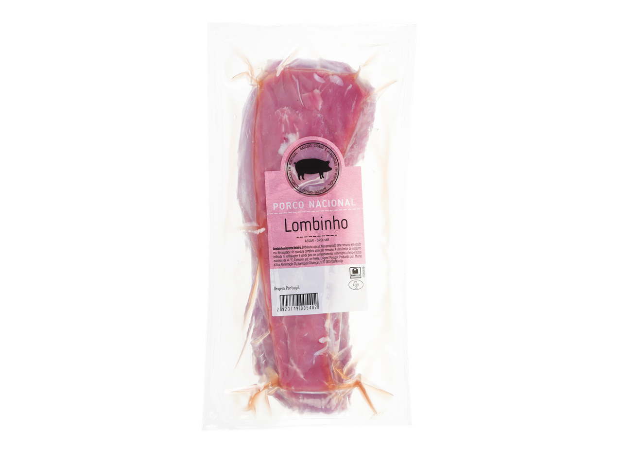 Lombinho de porco embalado a vácuo com rótulo rosa, origem Portugal.