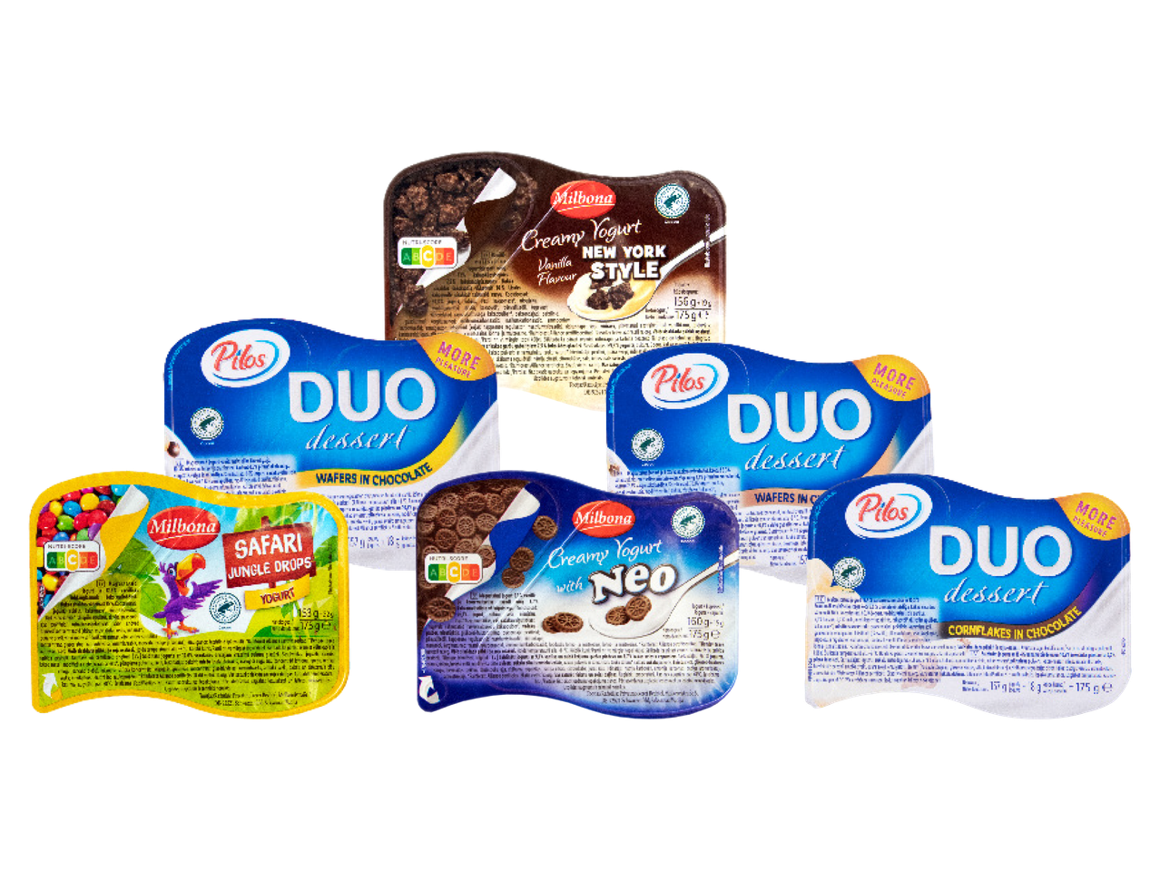 Milbona jogurtid ja Pilos Duo magustoidud erinevate maitsete ja lisanditega.