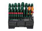 A large set of screwdrivers, bits, and sockets in a black organizer.