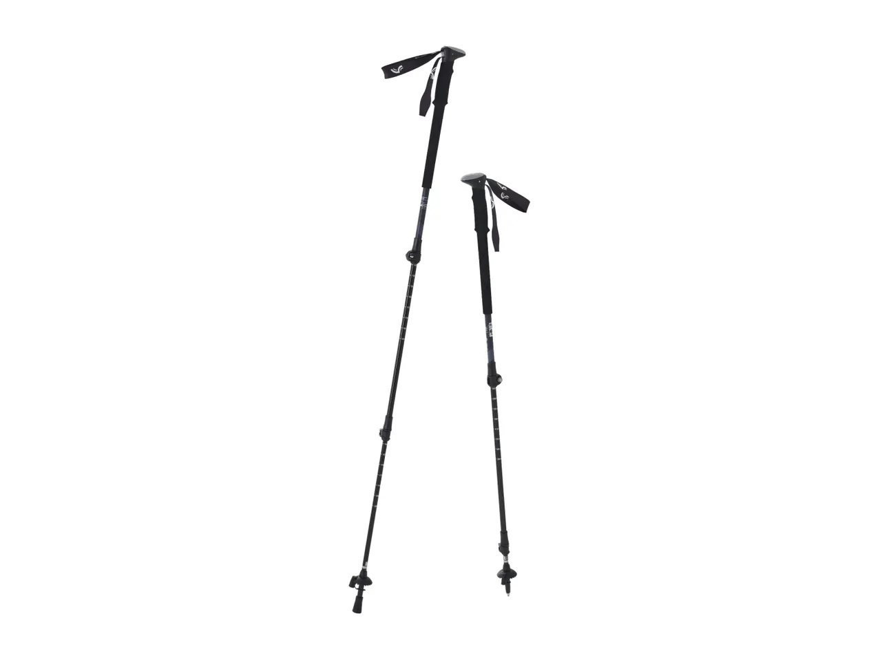 Two black trekking poles with adjustable lengths and wrist straps.