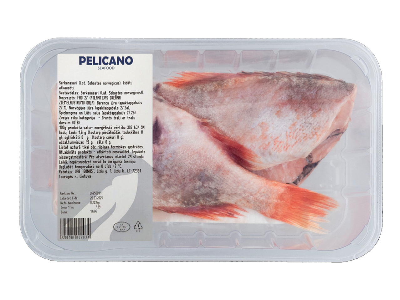Pelicano sarkanasari (Sebastes norvegicus) iepakojumā ar informāciju par produktu.