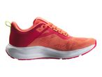 Orange and red athletic shoe with a white sole and neon yellow accents.