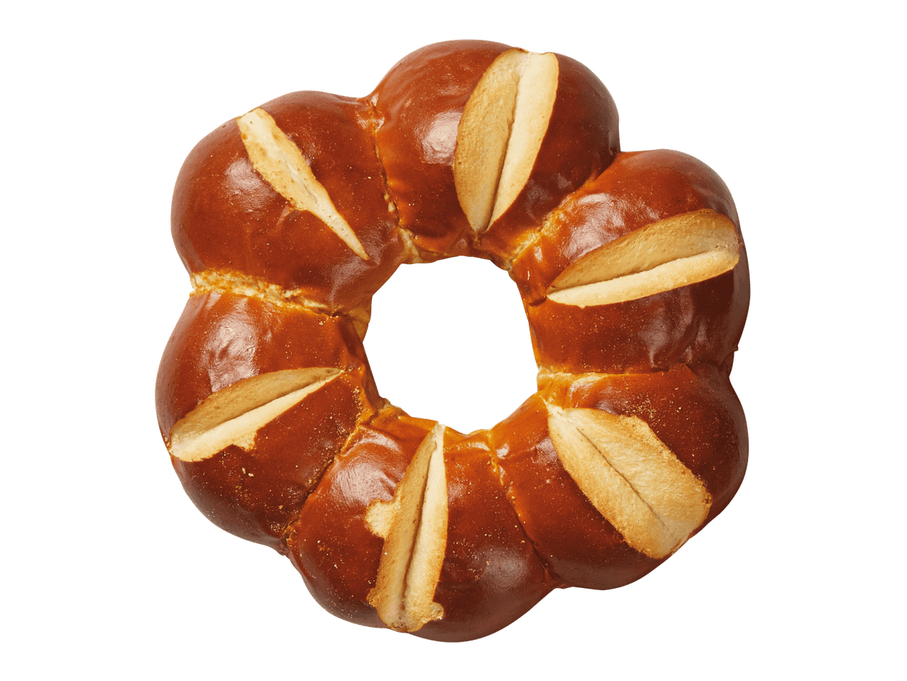 Pyöreä, ruskea, leikattu pretzel-leipä mustalla taustalla.