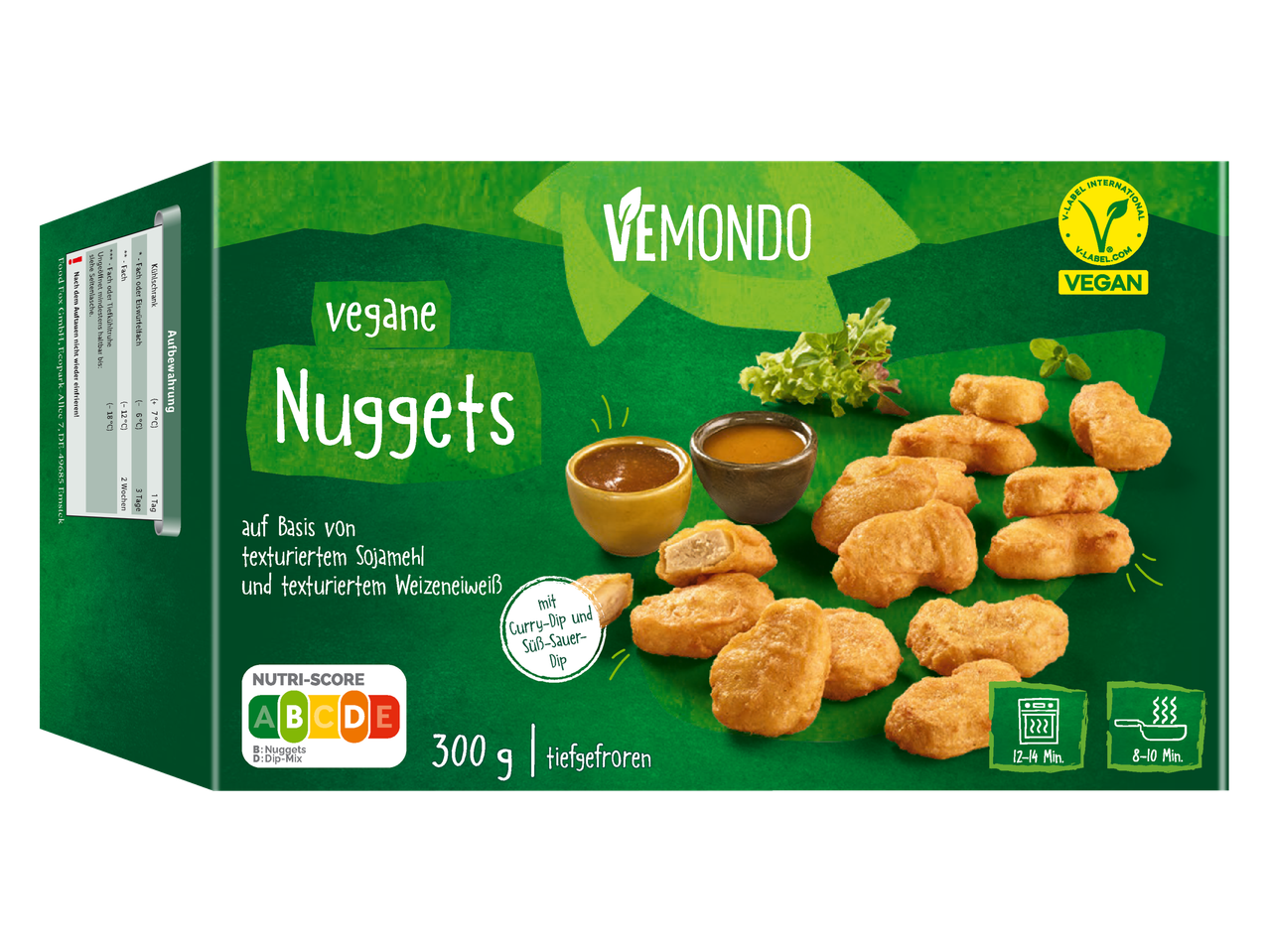 Vegane Nuggets mit Curry-Dip und Süß-Sauer-Dip, tiefgefroren, 300g Packung.