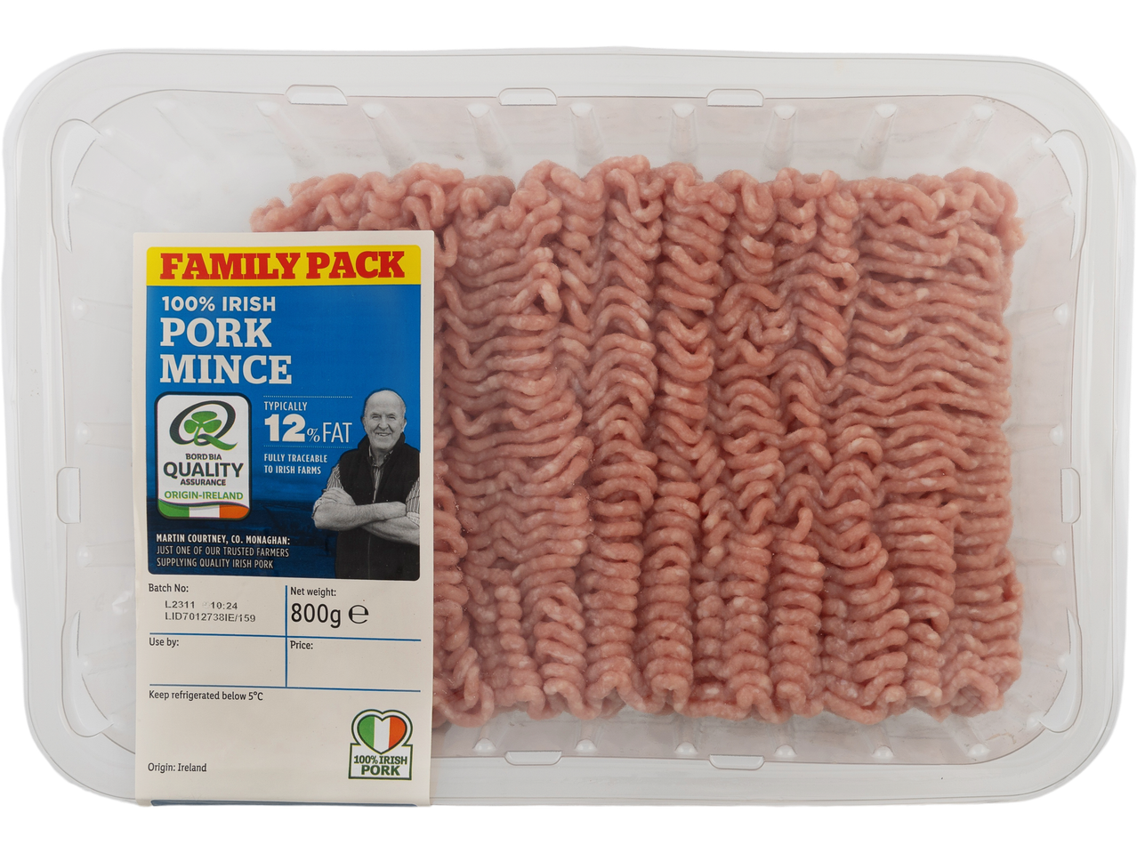 800g pack of Bord Bia Quality Assured 100% Irish pork mince.