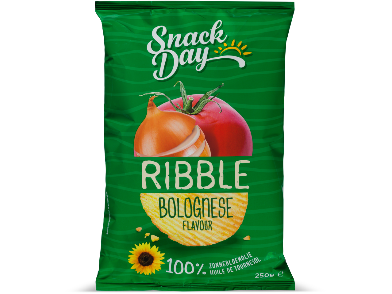 Snack Day Ribble chips Bolognese smaak in een groene verpakking.