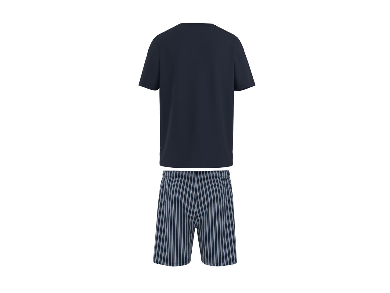 Men's navy blue short-sleeved t-shirt and striped shorts set.