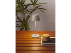 Candeeiro de mesa LED LIVARNO home numa mesa de madeira, com plantas ao fundo.
