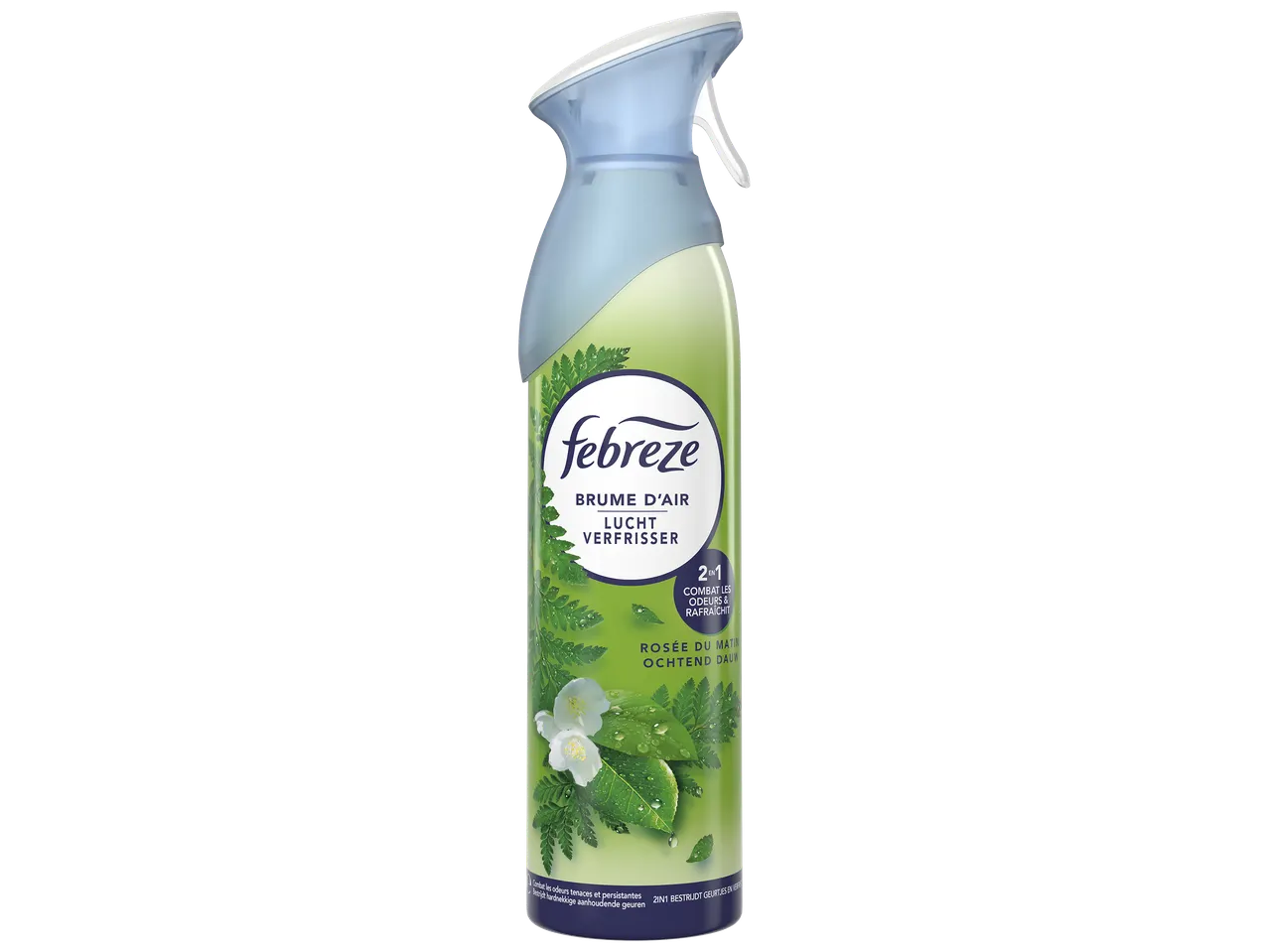Vaporisateur d'air frais 2 en 1, parfum rosée du matin, avec des feuilles vertes et des fleurs blanches.