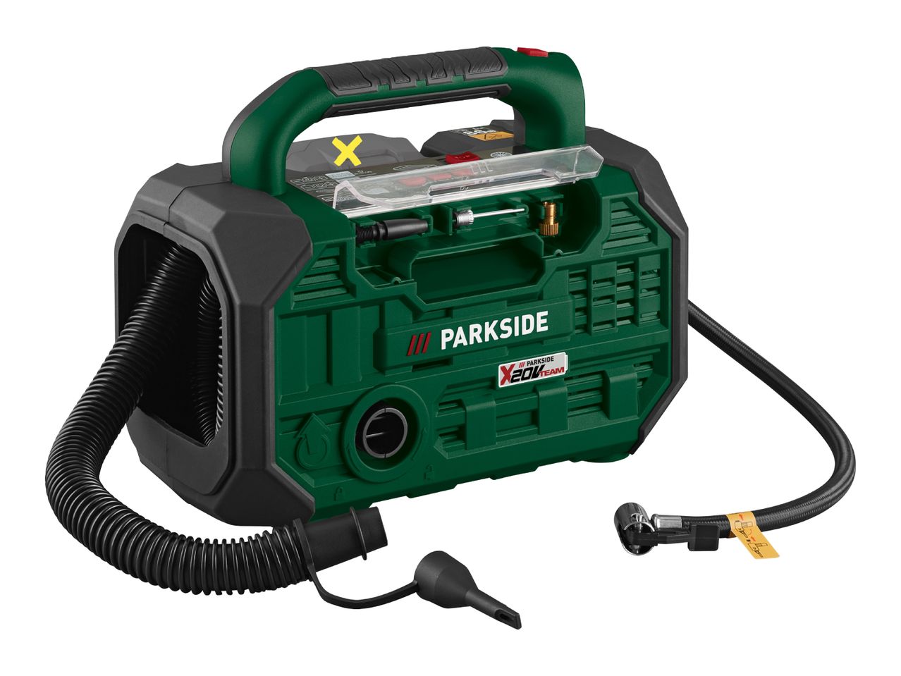 Portable air compressor and inflator with various nozzles and hoses, green and black.