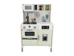 Wooden play kitchen with microwave, oven, hob, sink, and refrigerator with temperature display.