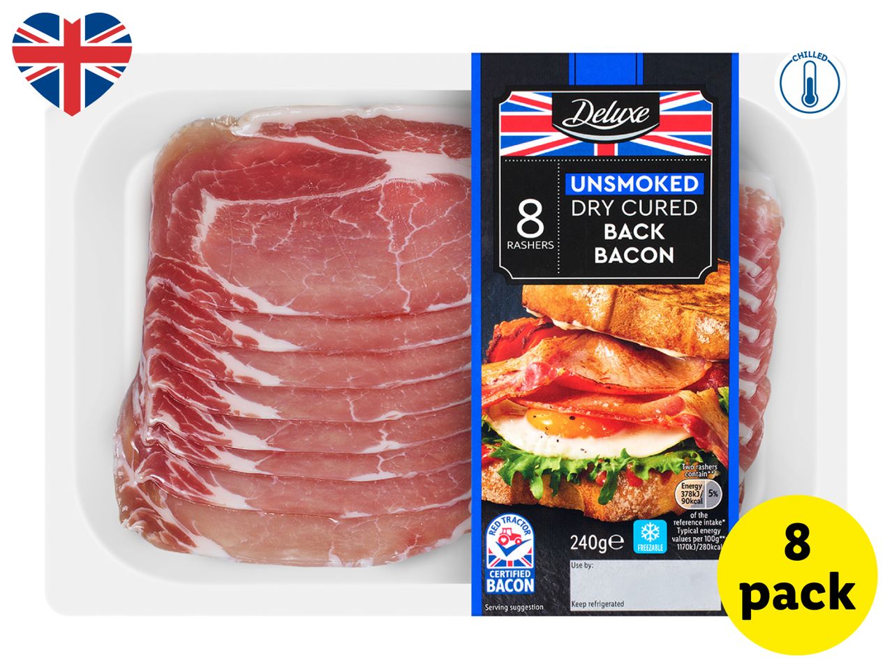 Pack of 8 unsmoked dry cured back bacon rashers, 240g, with a serving suggestion of a bacon and egg sandwich.