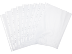 Uma pilha de protetores de folhas transparentes com furos para pasta.