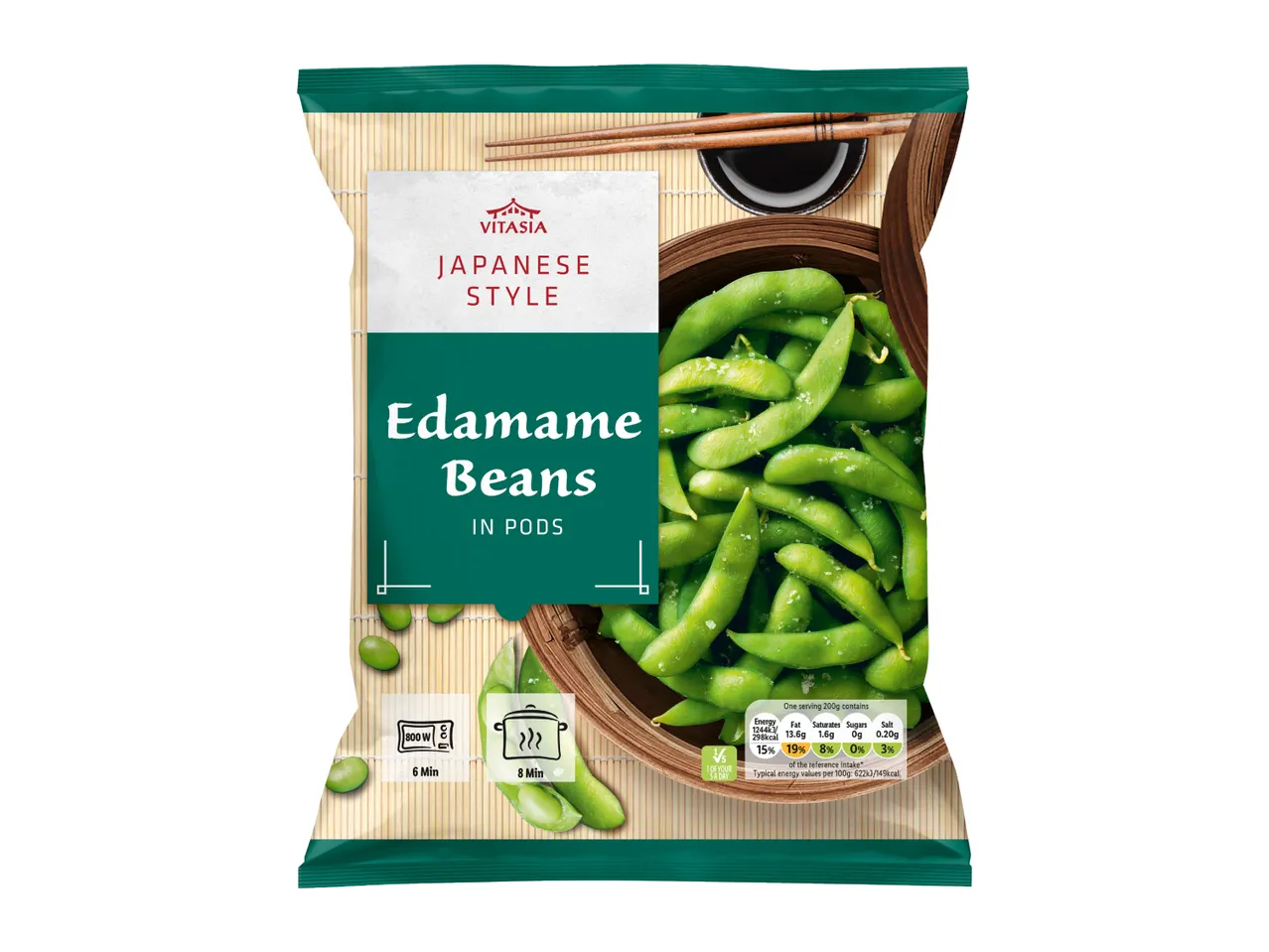 Japanese style edamame beans in pods, with cooking instructions and nutritional information.