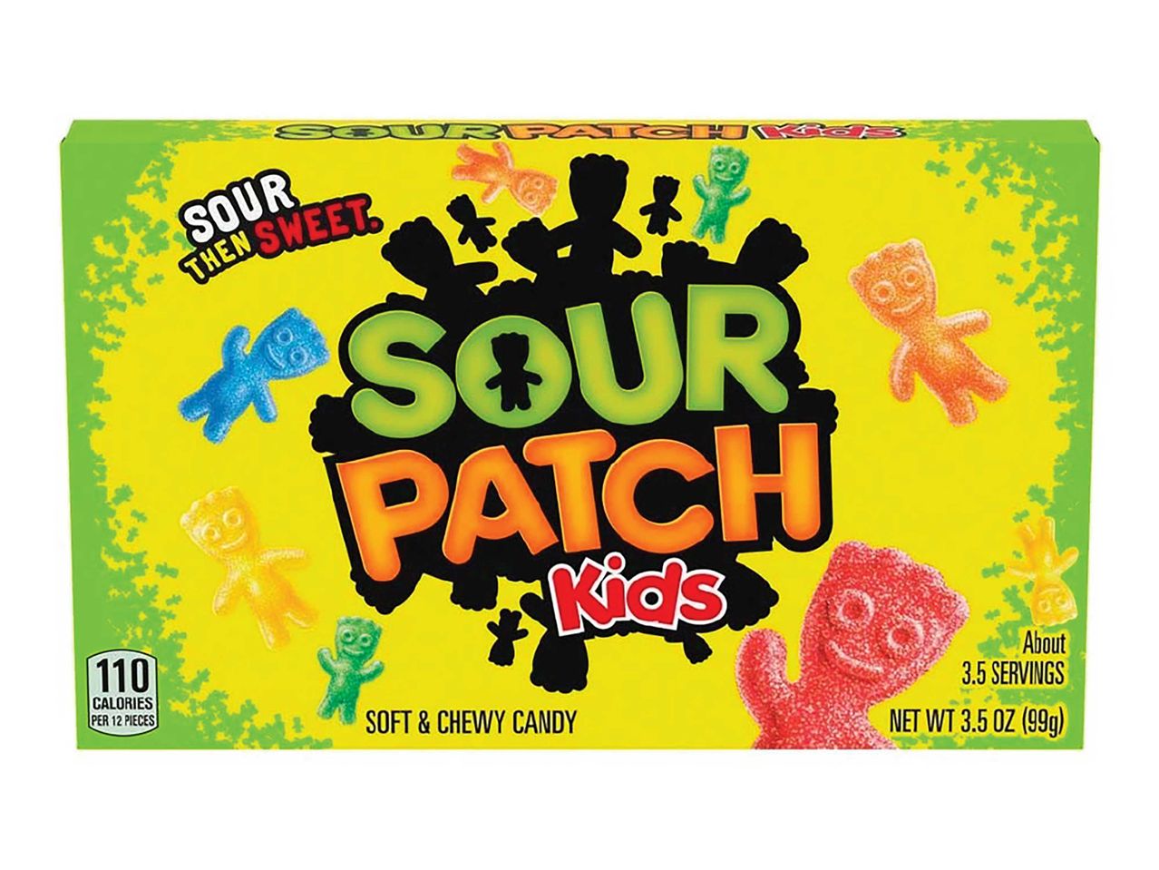 Sour Patch Kids cukorka doboz, amelyen a „Sour Then Sweet” és a „Soft & Chewy Candy” felirat olvasható.