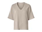 Light beige women's short-sleeved top with a V-neckline and textured fabric.