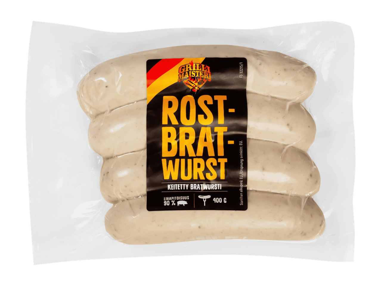 Tyhjiöpakattu paketti keitettyjä bratwursteja, joissa on 90 % lihapitoisuus ja paino 400 g.