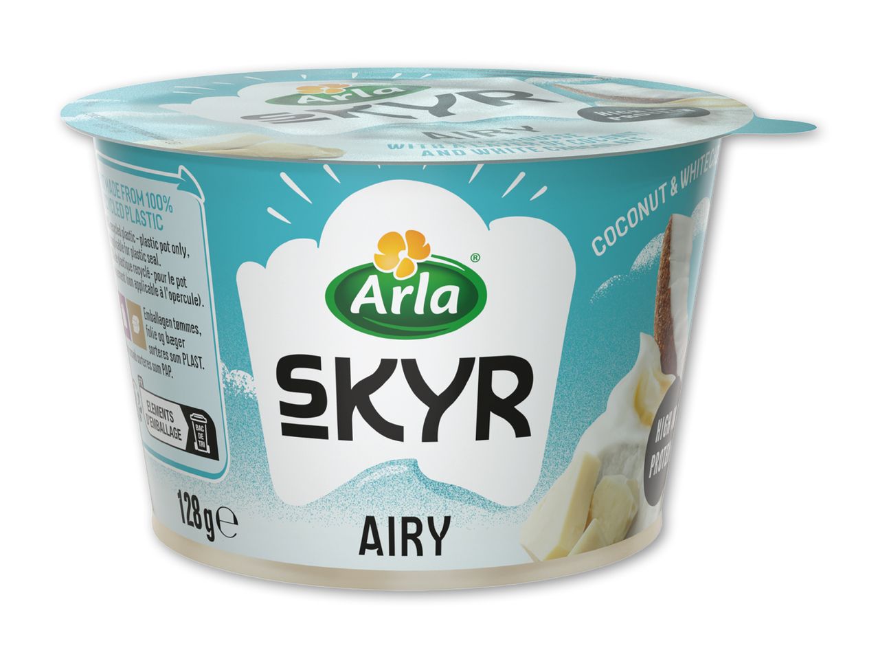 Luftig skyr med kokos og hvid chokolade i en 128g genanvendelig beholder.